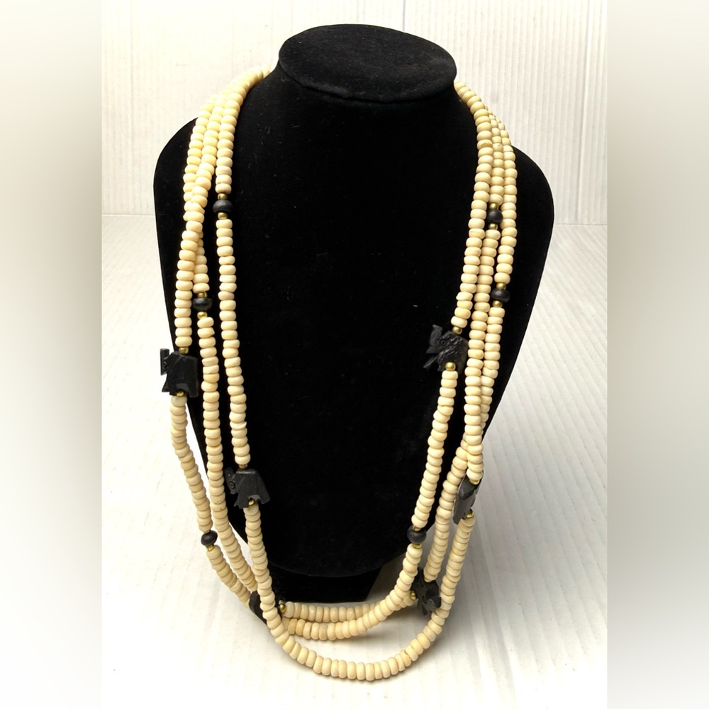 Vintage Bone Necklace with Hand Carved Elephants Multi Strand Ethnic Tribal‎ Bib